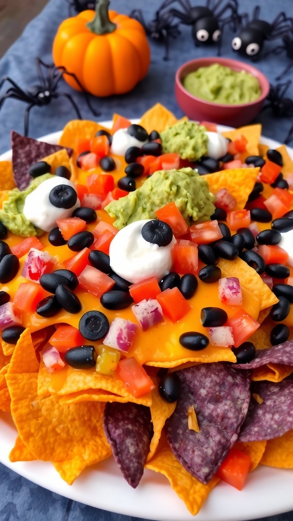 A colorful platter of Halloween nachos with cheese, beans, tomatoes, and guacamole, decorated for Halloween.